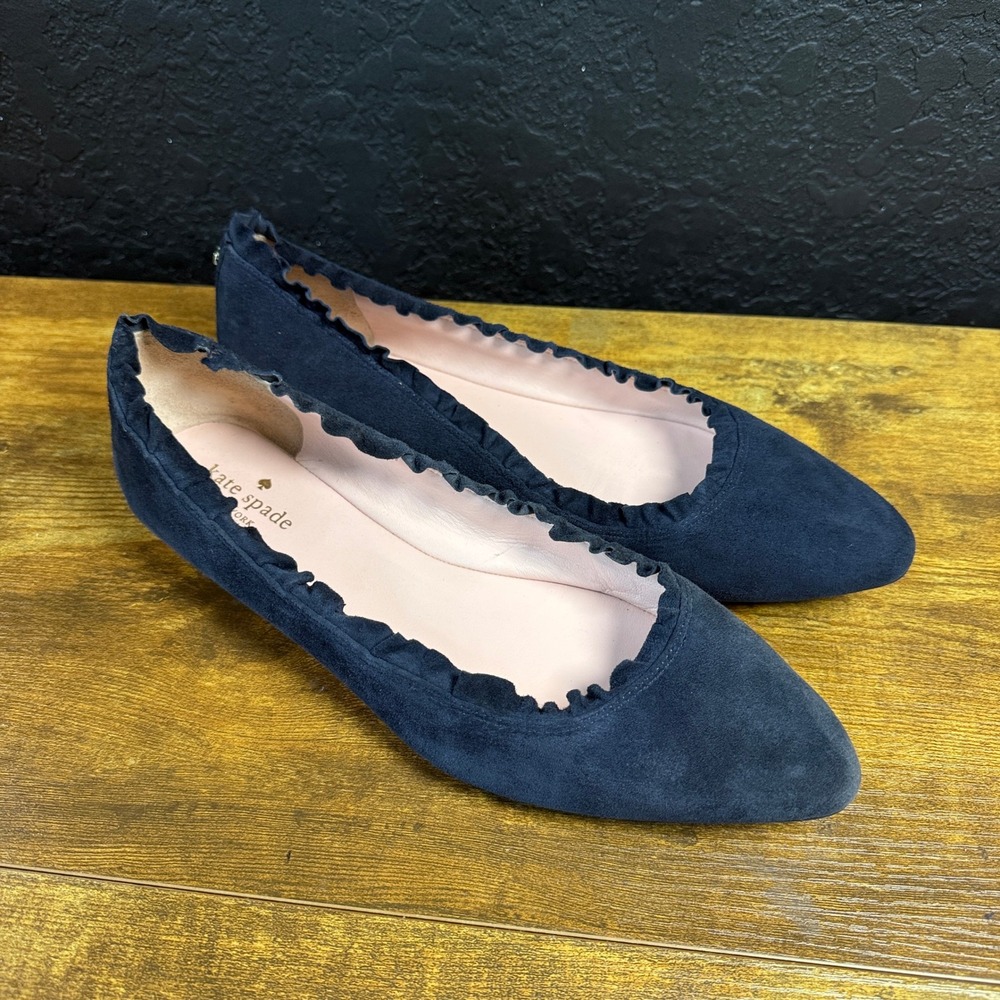 Kate Spade Honor Navy Blue Suede Ruffle Pointed Toe Ballet Flats Womens 10M